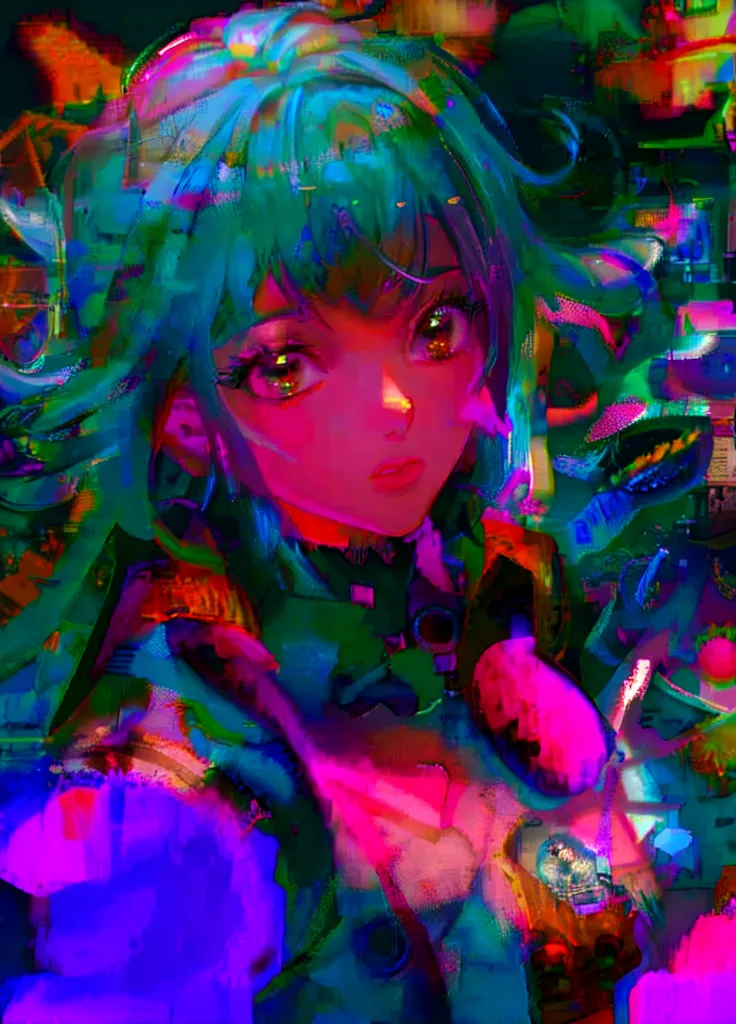 The image is a portrait of a young woman with blue hair. She is wearing a black choker and there are colorful lights reflecting on her face. The background is dark and there are many small, bright lights in the foreground. The image is very colorful and has a somewhat futuristic feel to it.