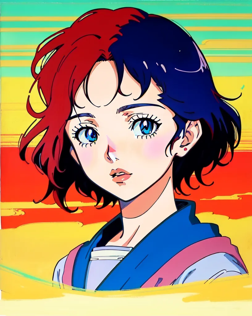 Esta es una ilustración de una mujer joven con el cabello corto de color rojo y azul. Ella está mirando al espectador con sus grandes ojos azules. Lleva una camisa blanca y una chaqueta azul. El fondo es amarillo con un degradado a naranja en la parte superior y verde en la parte inferior.