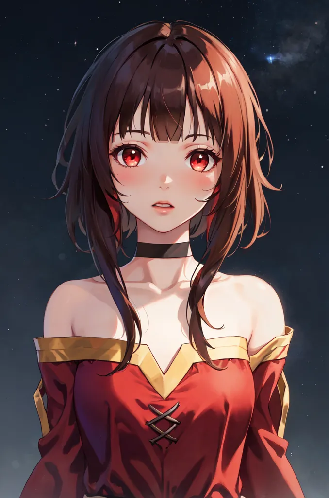 This is an image of a young girl with red eyes and brown hair. She is wearing a red dress with a white collar. The dress has gold trim around the neckline and the sleeves. She is looking at the viewer with a slightly surprised expression on her face. There are stars twinkling in the dark blue sky behind her.