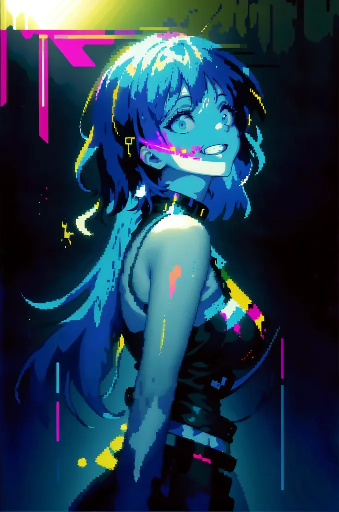 The image is a portrait of a young woman with long, blue hair. She is wearing a black tank top and a dark blue skirt. She has a bright smile on her face and her eyes are wide open. Her hair is flowing around her shoulders and she has a small, pink flower in her hair. The background is dark and there are several bright lights in the background. The image is drawn in a pixelated style and the colors are very vibrant.