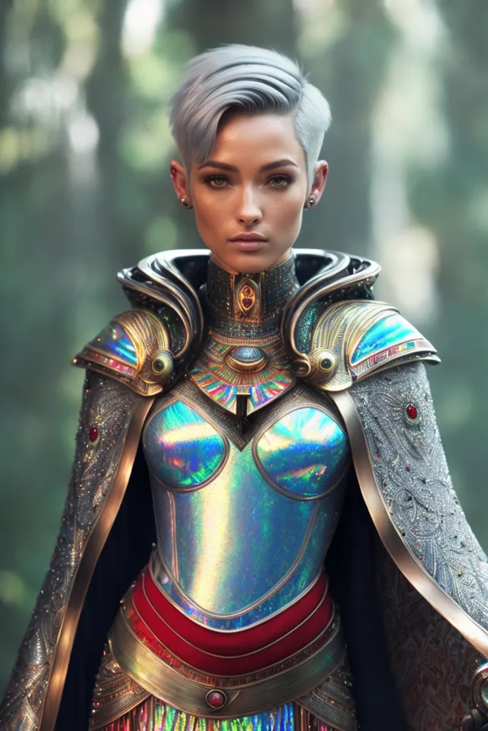 This image shows a woman with short white hair and blue eyes. She is wearing a metallic blue and green breastplate with a red sash around her waist. She is also wearing a silver and gold collar and a gold bracelet on her right wrist. She has a confident expression on her face and is looking directly at the viewer. She is standing in front of a blurred background of trees.