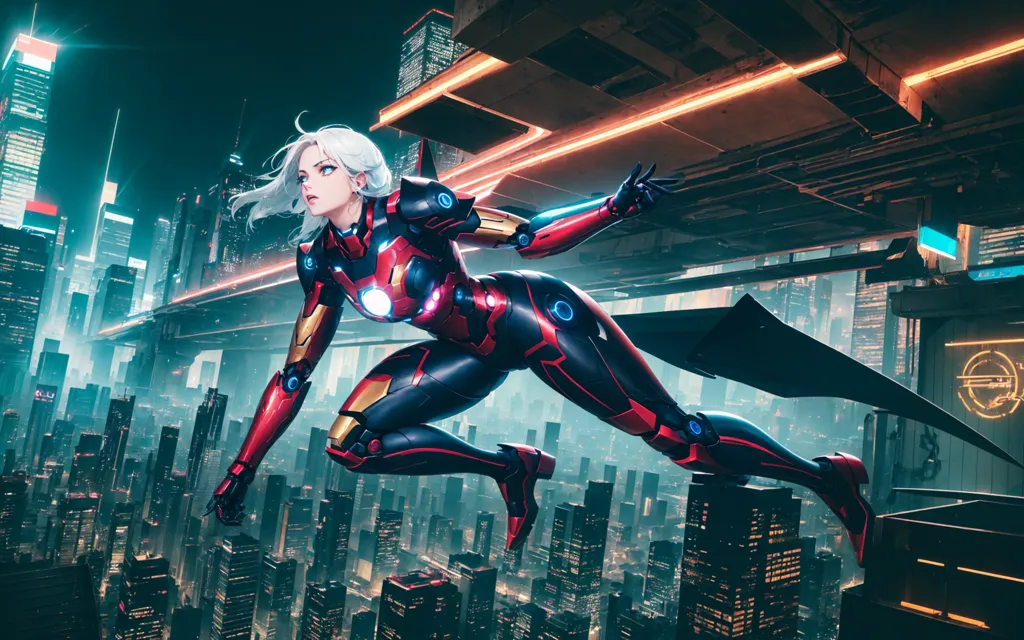 The image is of a female superhero wearing a red and black suit of armor. She has long white hair and blue eyes. She is flying through a city at night. The city is full of tall buildings and bright lights. The superhero is looking down at the city. She has a determined expression on her face. She is wearing a mask that covers her mouth and nose. Her hair is flowing behind her. She is wearing a cape that is blowing in the wind. The image is of a superhero who is ready to fight crime.