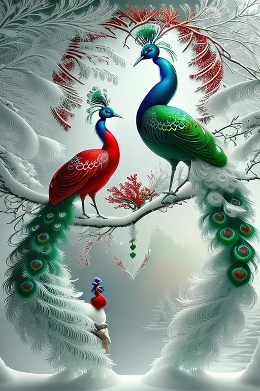 The image shows two peafowl, one red and one blue, perched on a branch in front of a snowy forest. The peafowl are both facing the viewer and have their tails spread out in a fan-like shape. The red peafowl has a red body and a long, flowing tail with blue and green feathers. The blue peafowl has a blue body and a long, flowing tail with red and green feathers. The branch is bare, and the snow is thick on the ground. The background of the image is a forest of snow-covered trees. The image is a beautiful and realistic depiction of two peafowl in a snowy forest.