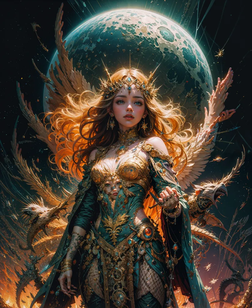 The image shows a beautiful woman with long, flowing golden hair. She is wearing a golden crown and a green and gold dress with a plunging neckline. She has a serene expression on her face and is looking down at the viewer. She has her right hand raised, palm out. She is standing in front of a large, glowing moon. There are two phoenixes on either side of her, and a large dragon is perched on her right arm. The background is filled with stars and galaxies.