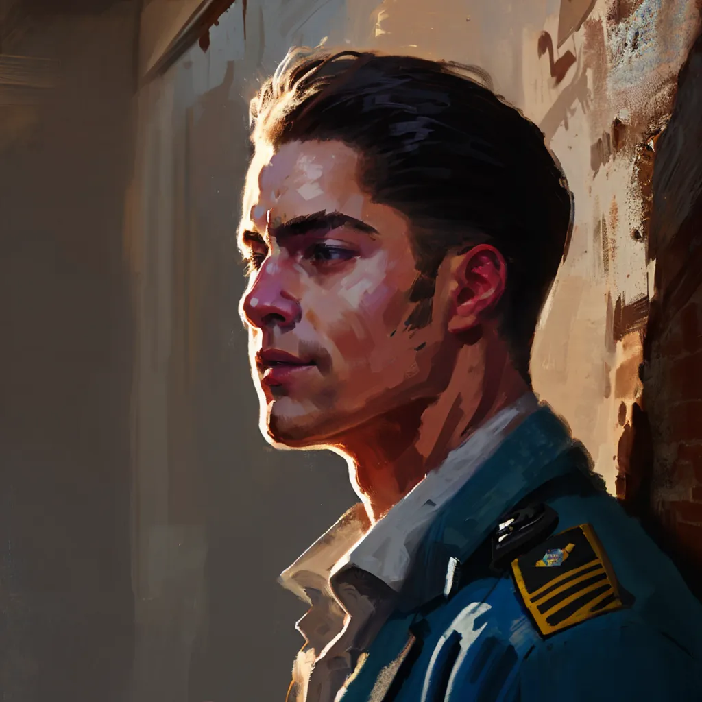 Esta es una pintura de un hombre joven con un uniforme azul. Tiene el cabello oscuro y ojos azules claros. Está mirando hacia la derecha del marco. El fondo es una mezcla borrosa de colores claros y oscuros. La expresión del hombre es seria.