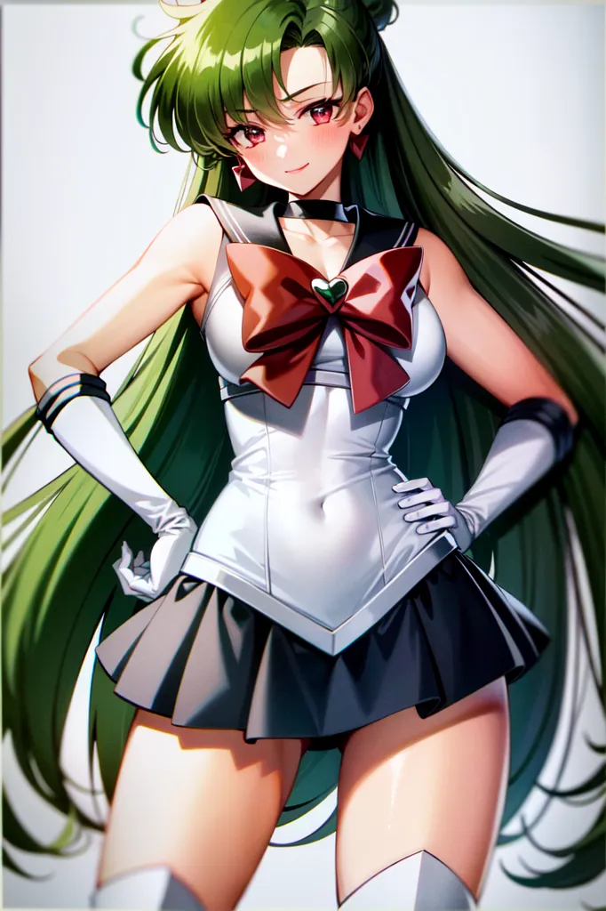 The image is of a woman with long green hair, red eyes, and a red bow on her chest. She is wearing a white and black sailor fuku-style outfit with a pleated skirt and white gloves. She has her hands on her hips and is looking at the viewer with a confident expression. The background is white with a gradient to light blue at the top.