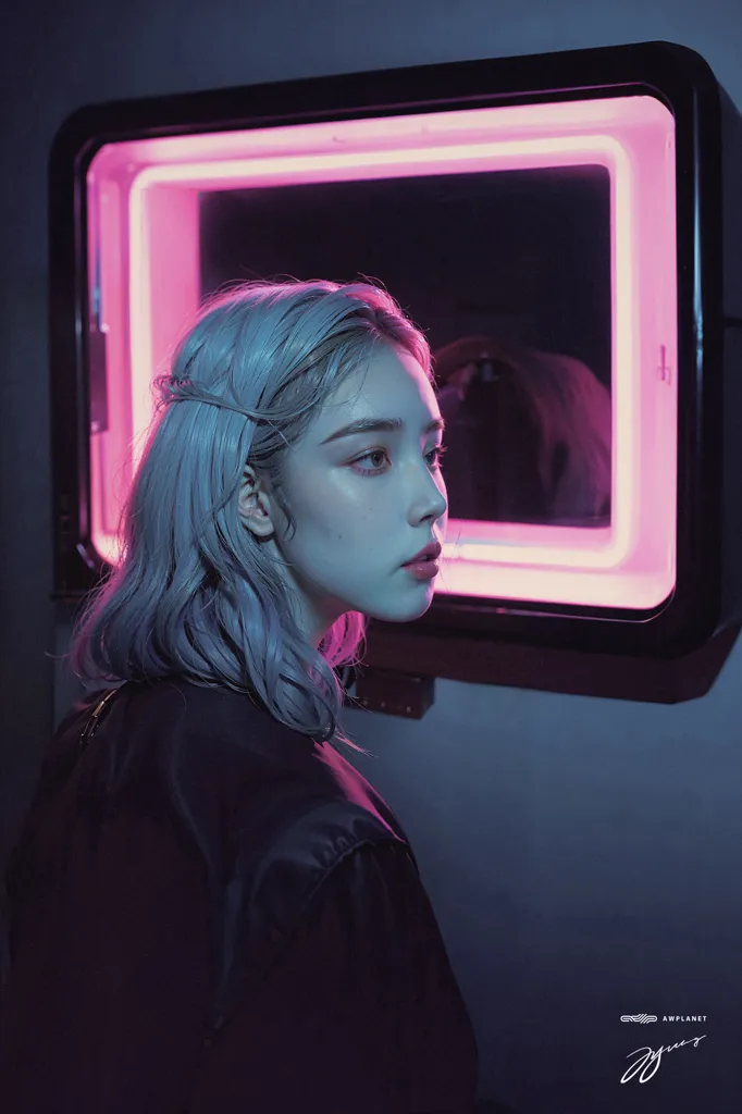 The photo shows a young woman with silver hair. She is wearing a black jacket and looking to the right of the frame. There is a pink neon light on the wall behind her, which is reflecting off of her hair and skin. The photo is taken from a slightly elevated angle, and the background is out of focus.