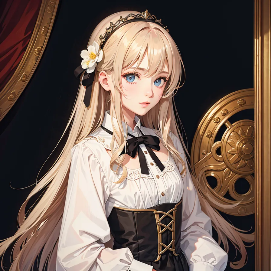 The image is a painting of a beautiful young woman with long blonde hair and blue eyes. She is wearing a white blouse with a black corset and a black bow. There is a white flower in her hair. She is standing in front of a dark background with a golden door.