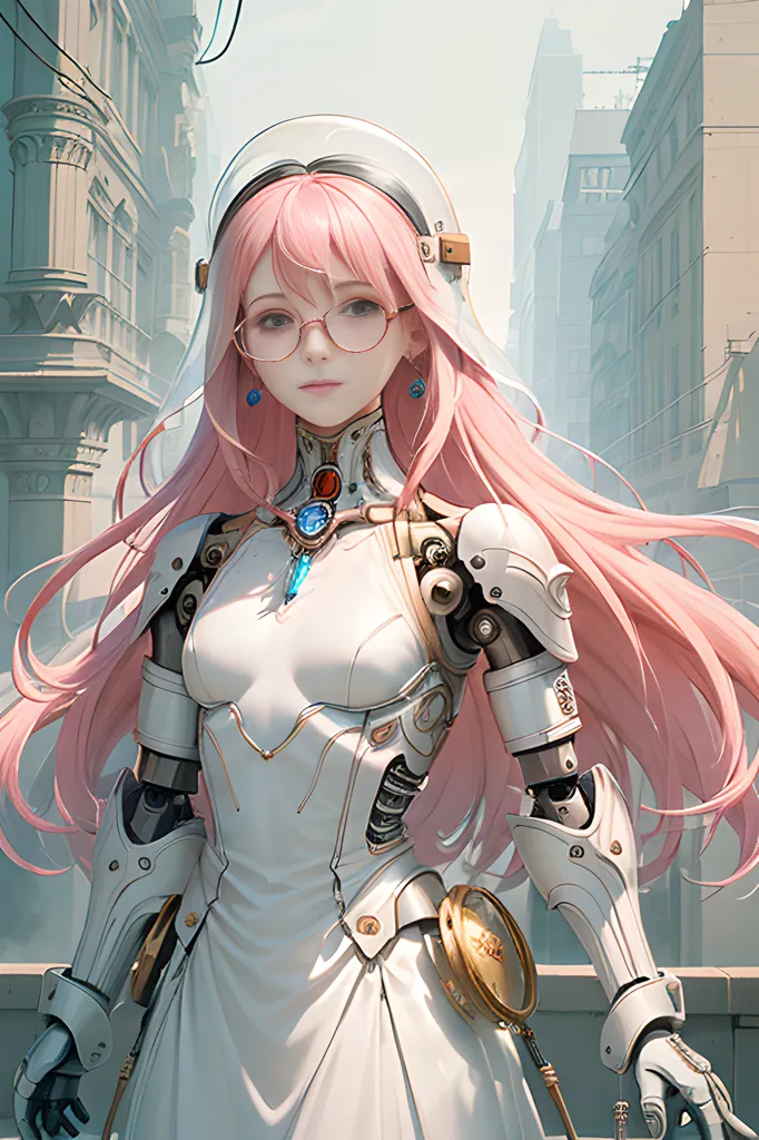 The picture shows a young woman with pink hair and glasses. She is wearing a white dress with a blue gem on her chest. She also has a clock on her belt and a sword on her hip. The background is a city with tall buildings.