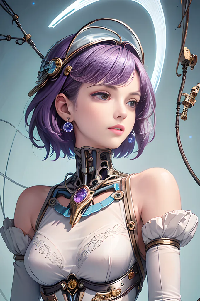 The image is a portrait of a beautiful young woman with purple hair and blue eyes. She is wearing a white dress with a steampunk style. She has a metal collar around her neck and a metal headband with a glowing blue circle in the center. She is also wearing a pair of blue earrings. The background is a light blue color with a white circle in the center.