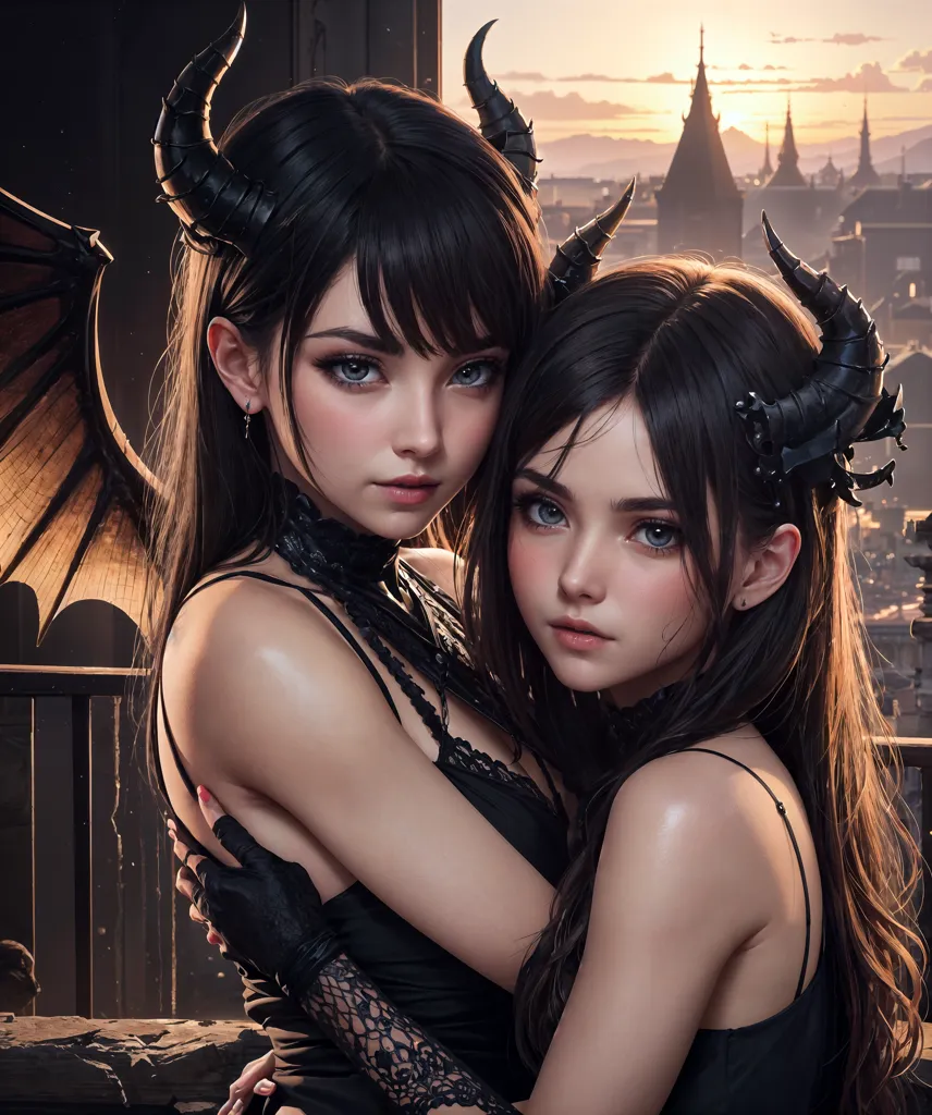 This image shows two young women who appear to be demons. They both have black hair and black horns. The woman on the left is wearing a black dress with a lace overlay. The woman on the right is wearing a black dress with a sweetheart neckline. They are both standing in front of a window. There is a cityscape in the background.