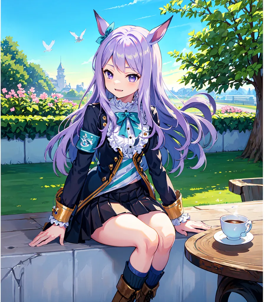 The image is of an anime girl with purple hair and cat ears. She is wearing a white shirt, a black jacket, and a blue skirt. She is sitting on a stone wall in a park. There is a cup of tea on a table next to her. The background is a green field with trees and flowers. There is a castle in the distance. The girl is smiling and has her hands resting on the wall.