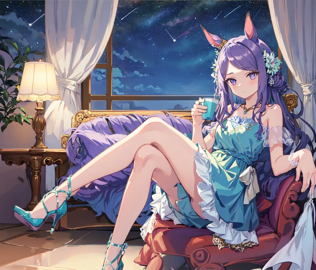 The image shows a young woman with purple hair and rabbit ears sitting in a chair. She is wearing a blue and green dress and is holding a teacup. There is a lamp on the table next to her and a window behind her. The night sky is visible through the window.