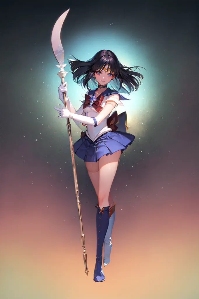 The image is of a young woman with long black hair, blue eyes, and a crescent moon on her forehead. She is wearing a white and blue sailor fuku with a red bow, and red boots. She is holding a long staff with a crescent moon on the end. She is standing in front of a dark blue background with a crescent moon in the top left corner. There are stars all around her.