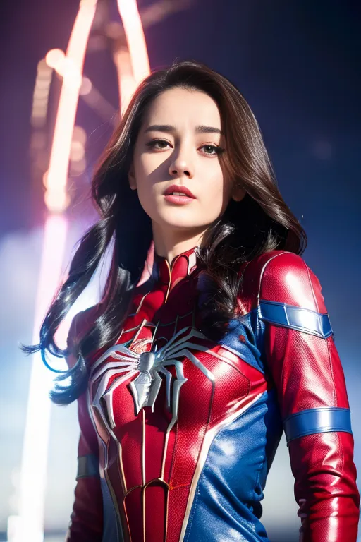 La imagen muestra a una mujer joven vestida con un traje de Spider-Man. Está de pie frente a un fondo azul con una noria roja y amarilla detrás de ella. Mira a la cámara con una expresión seria. Tiene el cabello largo y oscuro y ojos marrones. Lleva un traje de Spider-Man rojo y azul con un gran símbolo de araña en el pecho. También lleva una máscara que le cubre la boca y la nariz.