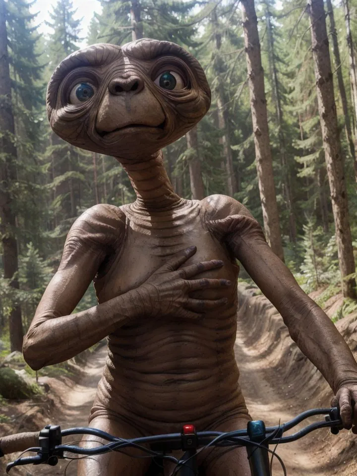 The image shows a photo-realistic E.T. the Extra-Terrestrial riding a bicycle in the woods. E.T. is a small, brown alien with a large head and big eyes. He is wearing a white shirt and brown pants. He is riding a black bicycle with red accents. The bicycle has a basket on the front. E.T. is smiling and looks like he is having a good time. The woods are green and lush. The trees are tall and the leaves are full. The sun is shining through the trees. The image is very realistic and it looks like E.T. is really riding a bicycle in the woods.