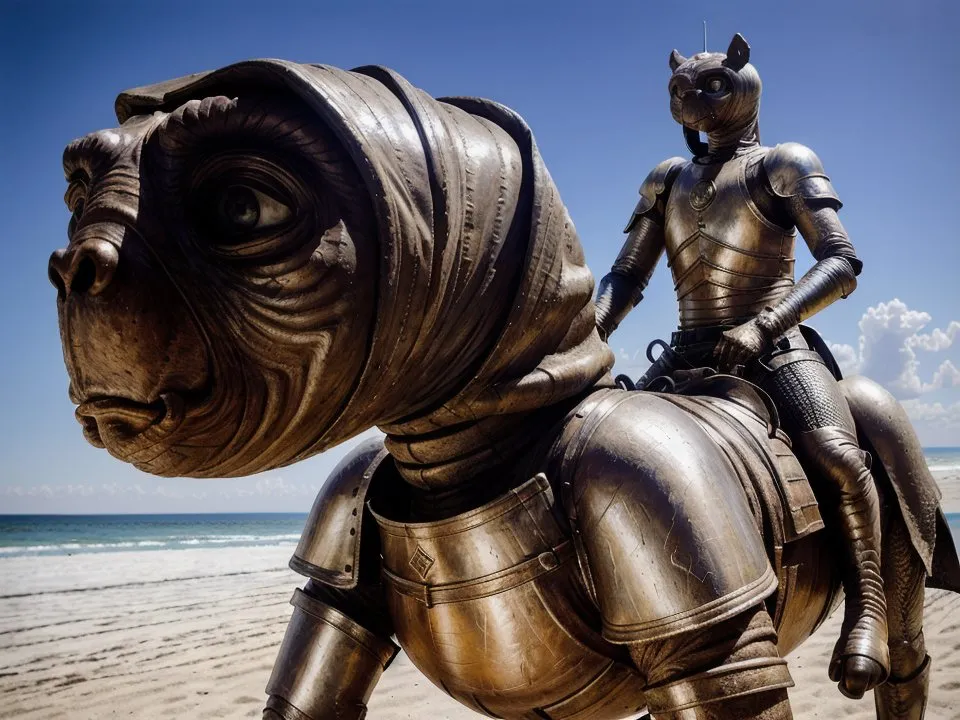 The image is a photo of a statue of a cat-like creature riding on the back of a dog-like creature. Both creatures are wearing armor and the cat-like creature is holding a sword. The background of the image is a beach with the ocean in the distance. The statue is made of bronze and is located on the beach.