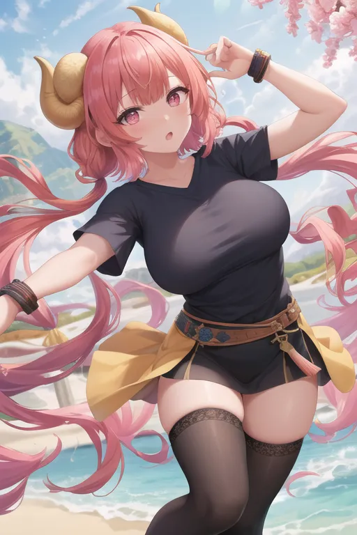 The image is of a young woman with pink hair and horns. She is wearing a black shirt, a yellow skirt, and black thigh-high socks. She is standing on a beach, and there are mountains in the background. The sky is blue, and there are clouds in the sky. The woman is smiling and has her hand on her head.