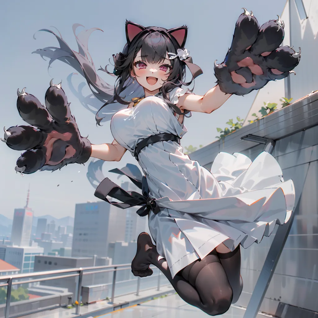 The image is of a young woman with long black hair and cat ears. She is wearing a white dress and black boots. She has large black cat paws on her hands. She is jumping in the air with a happy expression on her face. There is a cityscape in the background.