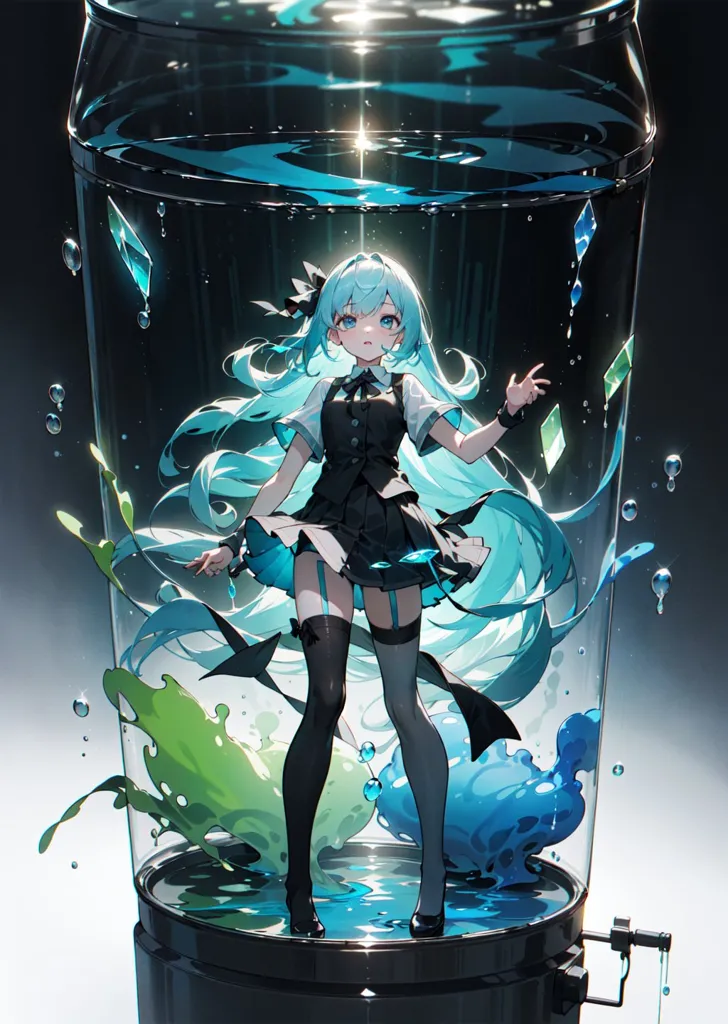 The image is a digital painting of a young woman in a glass jar. The woman is wearing a black and white dress with a blue bow in her hair. She has long blue hair flowing around her body. The jar is filled with a blue liquid. The woman is looking at the viewer with a curious expression on her face. The painting is done in a realistic style and the colors are vibrant and lifelike.