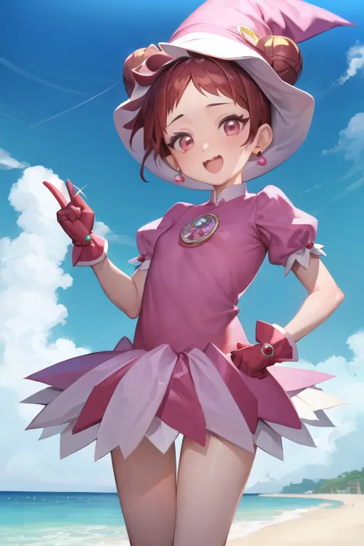 The image shows a young girl standing on a beach. She is wearing a pink dress with a white collar and a pink hat with a white band. She has brown hair and pink eyes, and she is smiling. She is also wearing a pair of white gloves and a pair of pink boots. The background is a blue sky with white clouds, and there is a beach with sand and water behind her.