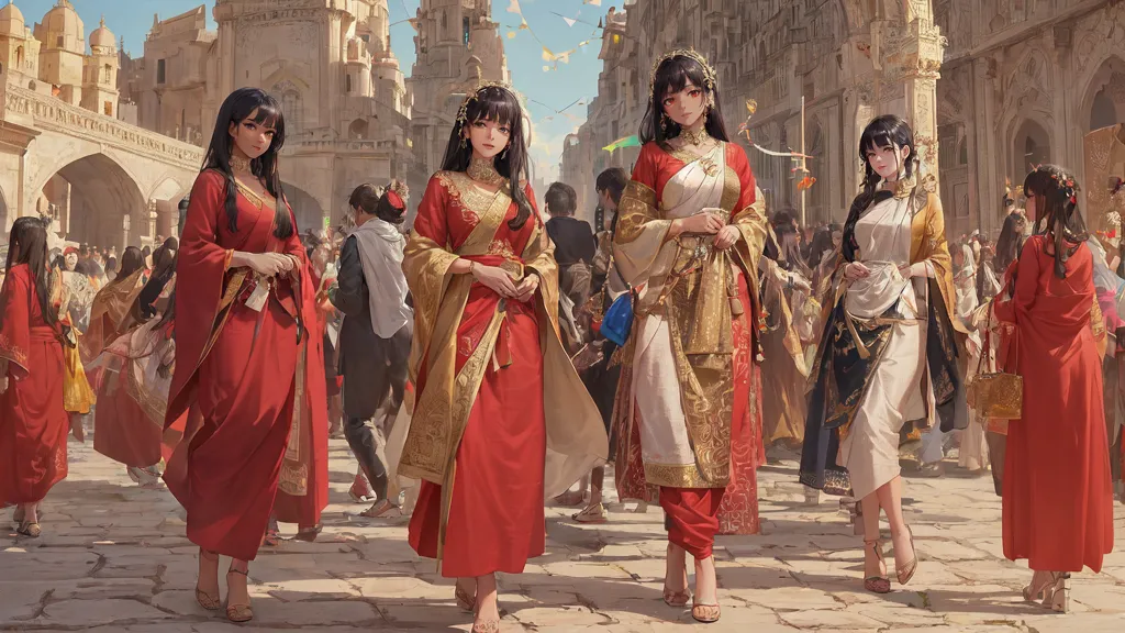 The image shows five women wearing traditional Indian clothing walking in a crowded marketplace. The women are all beautiful, with long black hair and dark eyes. They are wearing red and gold saris, and they are all wearing jewelry. The marketplace is full of people, and there are many stalls selling different goods. The women are walking towards the viewer, and they are all smiling.