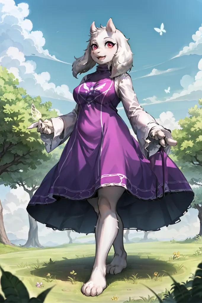 The image is of a young woman with long white hair and red eyes. She is wearing a purple dress with a white collar and a long white tailcoat. She is also wearing a pair of white gloves and a pair of white boots. She is standing in a field of grass and there are two butterflies near her. The background is a blue sky with some clouds.