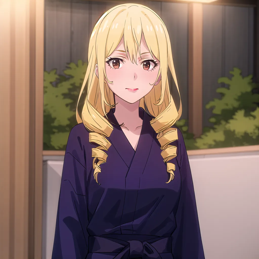 The image shows a young woman with long, wavy blonde hair and brown eyes. She is wearing a purple kimono with a white sash. The woman is standing in a room with a traditional Japanese-style interior. There are wooden walls and floors, and the room is decorated with plants and flowers. The woman is looking at the viewer with a slightly shy smile on her face.