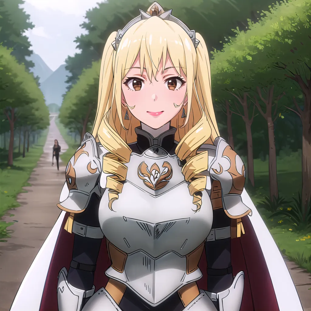 The image shows a young woman with long blonde hair and brown eyes. She is wearing a white and gold suit of armor and a red cape. She is standing in a forest and there is a path in the background.