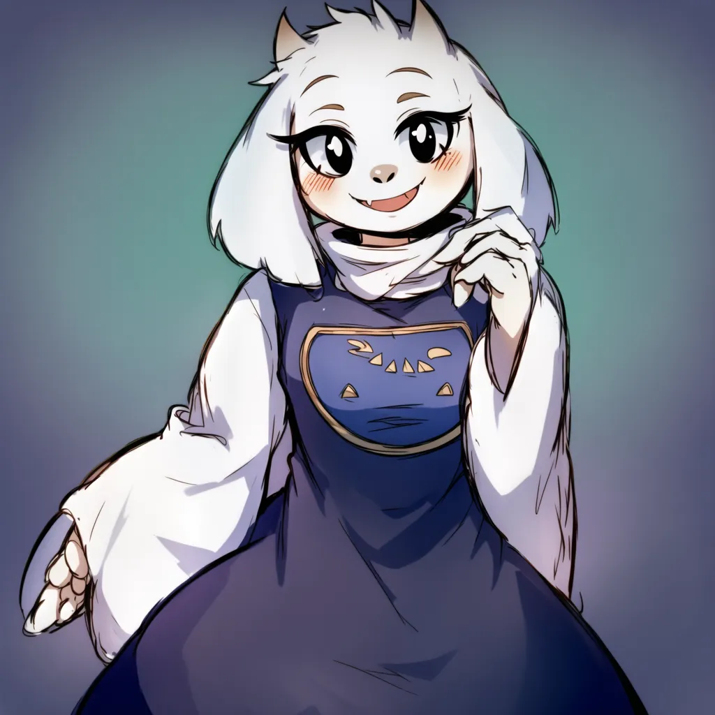 Görüntü, Undertale video oyunundan bir karakter olan Toriel'i gösteriyor. Beyaz tüylü ve boynuzlu bir canavar olan Toriel, önünde sarı ve mavi üçgen sembolü olan mor bir elbise giyiyor. Yüzünde sevecen ve nazik bir ifade var ve izleyiciye hafif bir gülümsemeyle bakıyor.