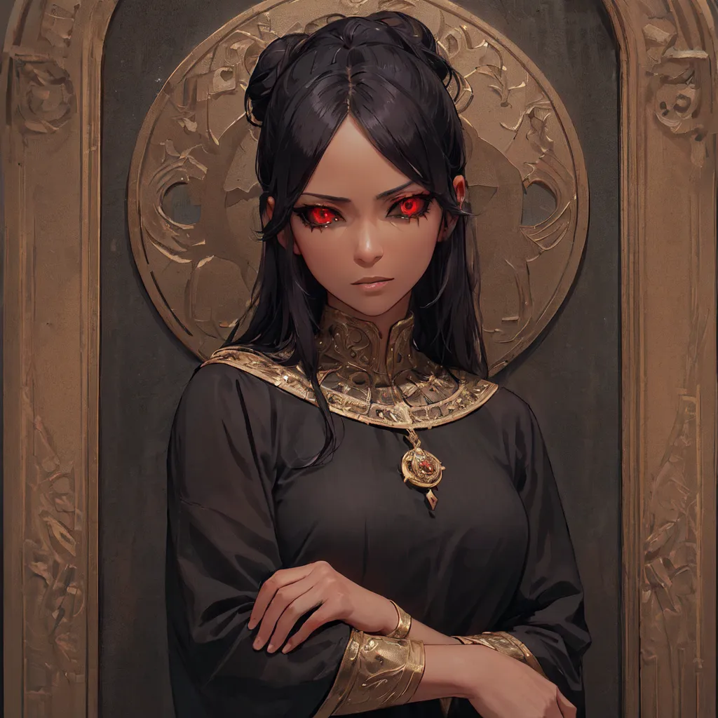 This is an image of a woman with long black hair and red eyes. She is wearing a black dress with gold trim and has a gold necklace and bracelets on. She is standing in front of a door with a gold frame.