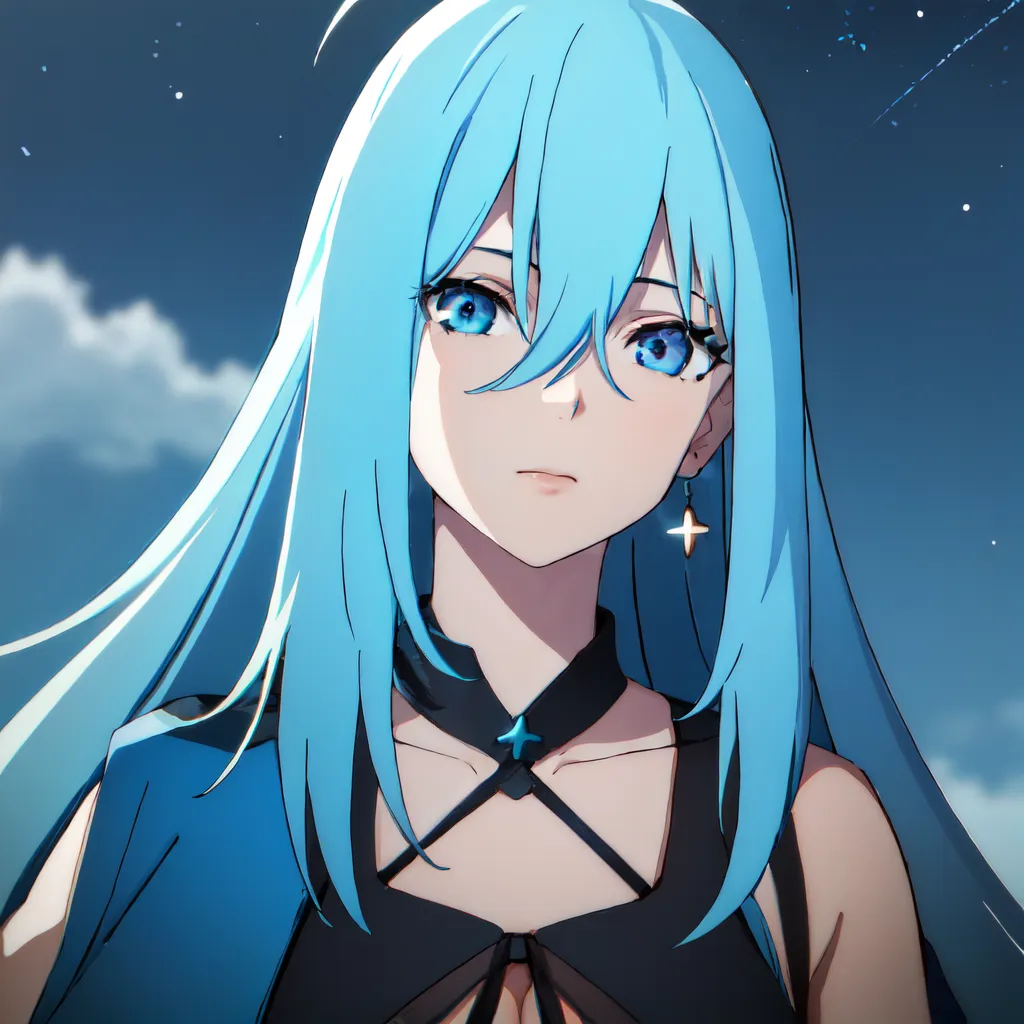 This is an illustration of a young woman with long blue hair and blue eyes. She is wearing a black and blue outfit and has a cross-shaped earring in her right ear. She is looking to the right of the frame with a neutral expression on her face. The background is dark blue with a starry sky and a few clouds.