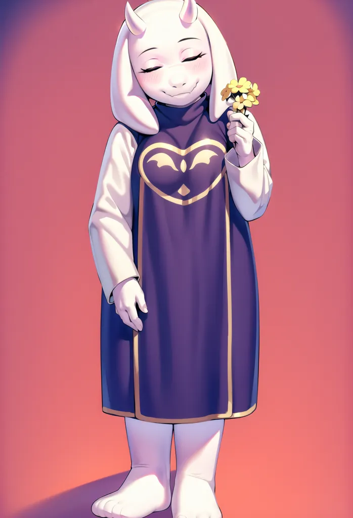 The image is of a character from the Undertale video game. The character is Toriel, a goat-like monster who is the adoptive mother of the human protagonist. She is shown wearing a purple dress with a white collar and cuffs. She has long white hair and horns, and her eyes are closed in a peaceful expression. She is holding a bouquet of yellow flowers. The background is a gradient of pink and orange, and the image is drawn in a semi-realistic style.