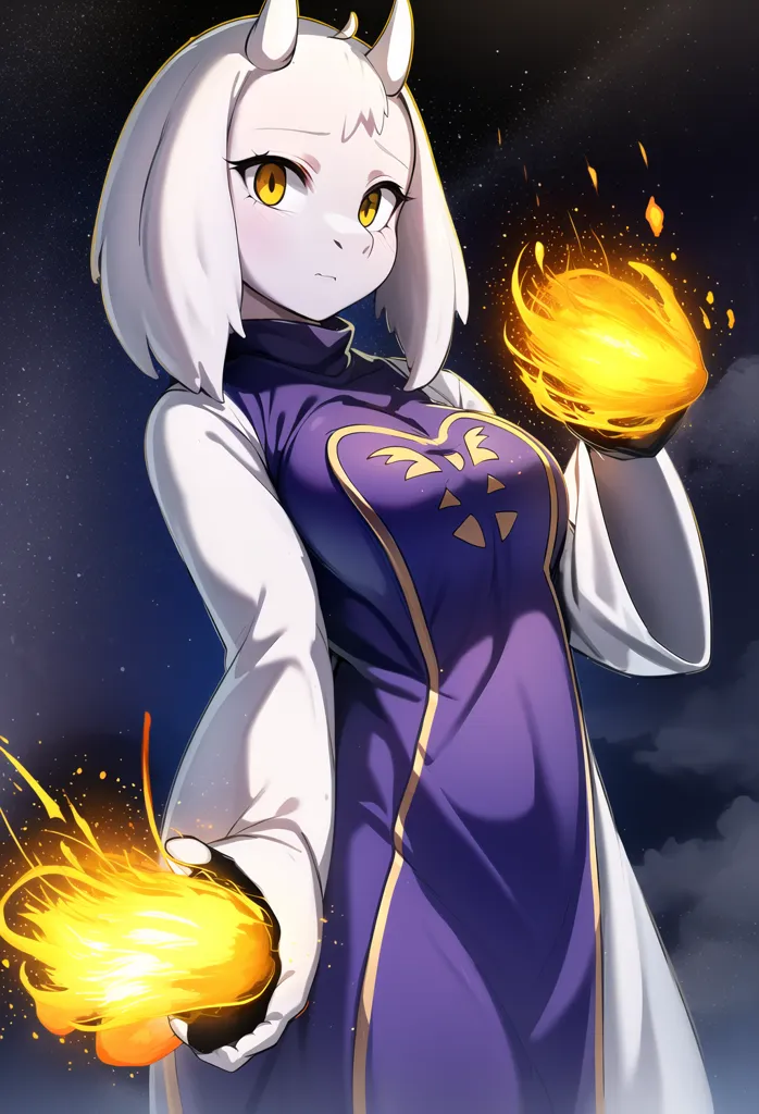 The image is of a young woman with white hair and yellow eyes. She is wearing a purple dress with a white collar. She is standing in front of a dark blue background with a starry night sky. She has her hands outstretched, and there are two fireballs in her hands. She is looking at the viewer with a serious expression.