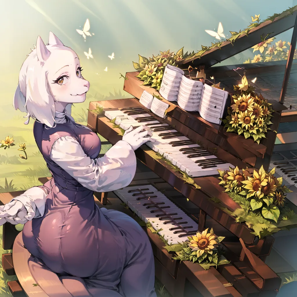 The image is of a white goat-like creature playing an overgrown piano in a field of sunflowers. The creature is wearing a purple dress and has long, flowing hair. The piano is made of wood and has vines and flowers growing around it. The creature is smiling and appears to be enjoying playing the piano. There are butterflies and birds flying around and the sun is shining brightly.