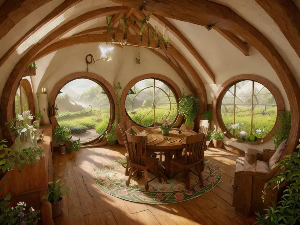 The image is a rendering of the interior of a hobbit hole. The walls are made of wood and the floor is made of stone. There are several round windows and a wooden door. The furniture is made of wood and includes a table, chairs, and a cupboard. There are several plants and flowers in the room. The room is lit by a lamp.