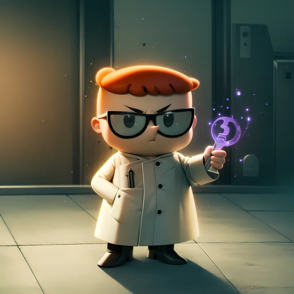 The image shows a young boy with glasses, a lab coat, and a pen in his pocket. He is holding a strange glowing purple device in his right hand. The background is a gray room with a door and a vent. The boy is standing on a gray floor.