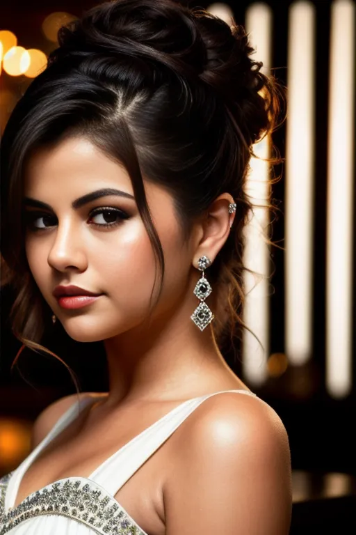 The picture shows a young woman with long, dark hair. Her hair is pulled back into a bun and she is wearing a white dress with silver and crystal embellishments. She is also wearing a pair of diamond earrings. The woman has a soft smile on her face and she is looking at the camera. She is standing in front of a blurred background of lights.