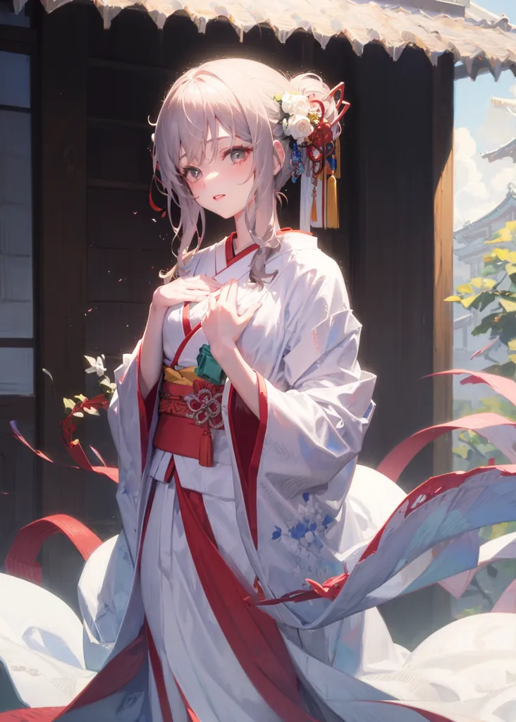 La imagen es de una hermosa mujer joven con un kimono. Tiene el cabello rosa largo y ojos azules. Lleva un kimono blanco con un obi rojo. El kimono está decorado con intrincados patrones de flores y hojas. Está de pie en una casa tradicional japonesa. La casa está hecha de madera y tiene un techo de paja. La mujer mira al espectador con una sonrisa tímida.