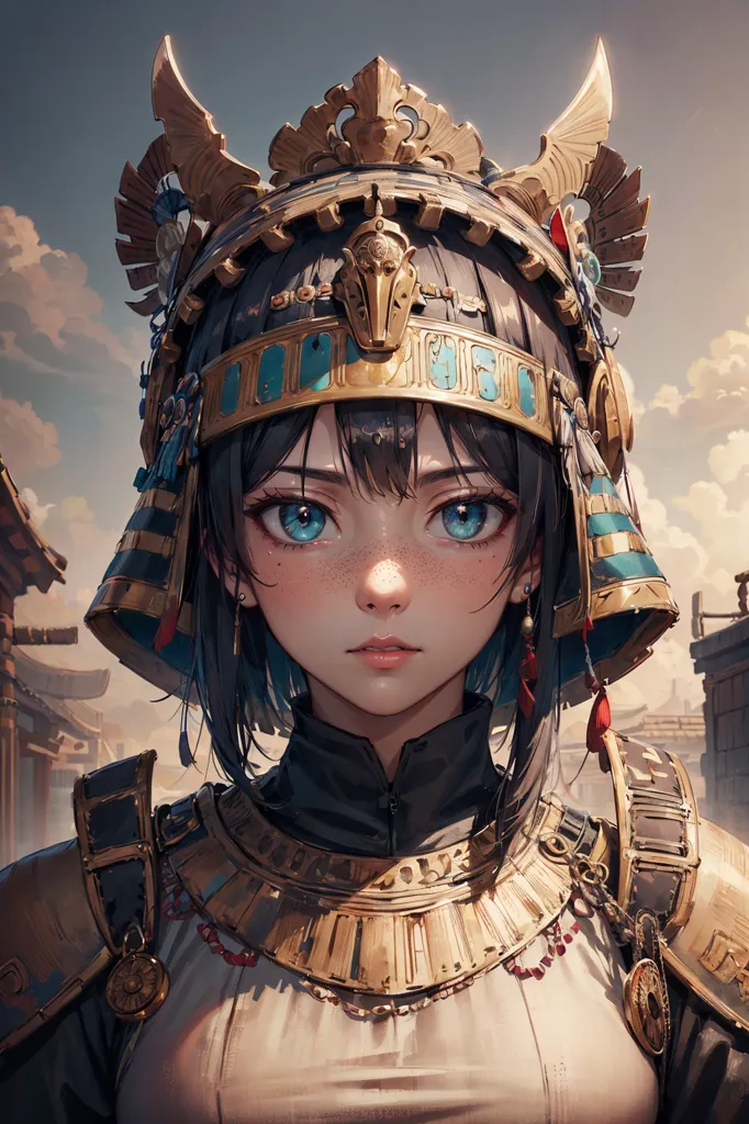 This image shows a young woman, probably a warrior or a noble, wearing an elaborate headdress and armor. The headdress is made of gold and has a large blue gem in the center. The armor is made of a dark material and has gold trim. The woman has brown hair and blue eyes, and she is looking at the viewer with a serious expression. She is standing in a courtyard, with a building in the background.