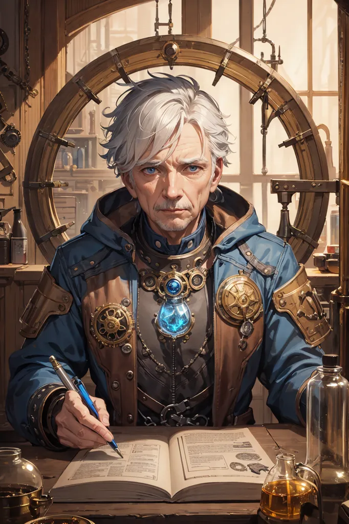 The image shows a steampunk alchemist in his laboratory. He is wearing a blue and brown outfit with lots of steampunk accessories. He has white hair and blue eyes. He is writing in a book with a quill. There are many potions and other alchemical equipment on the table. There is a large gear on the wall behind him.