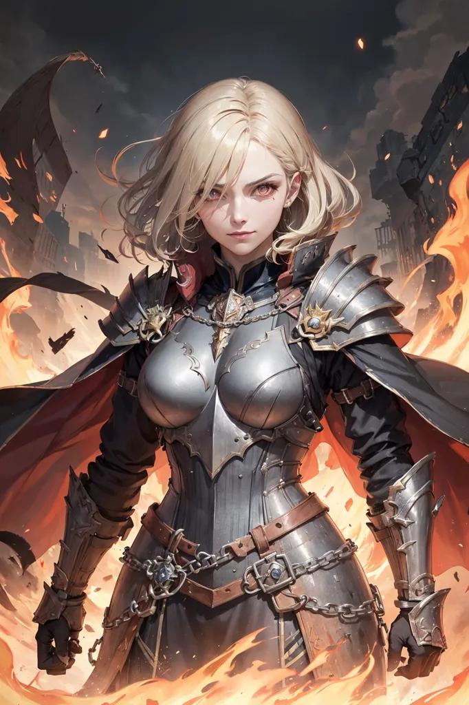 This is an image of a female knight. She is wearing silver armor and a red cape. She has blond hair and blue eyes. She is standing in a fiery background. She is holding a sword in her right hand.