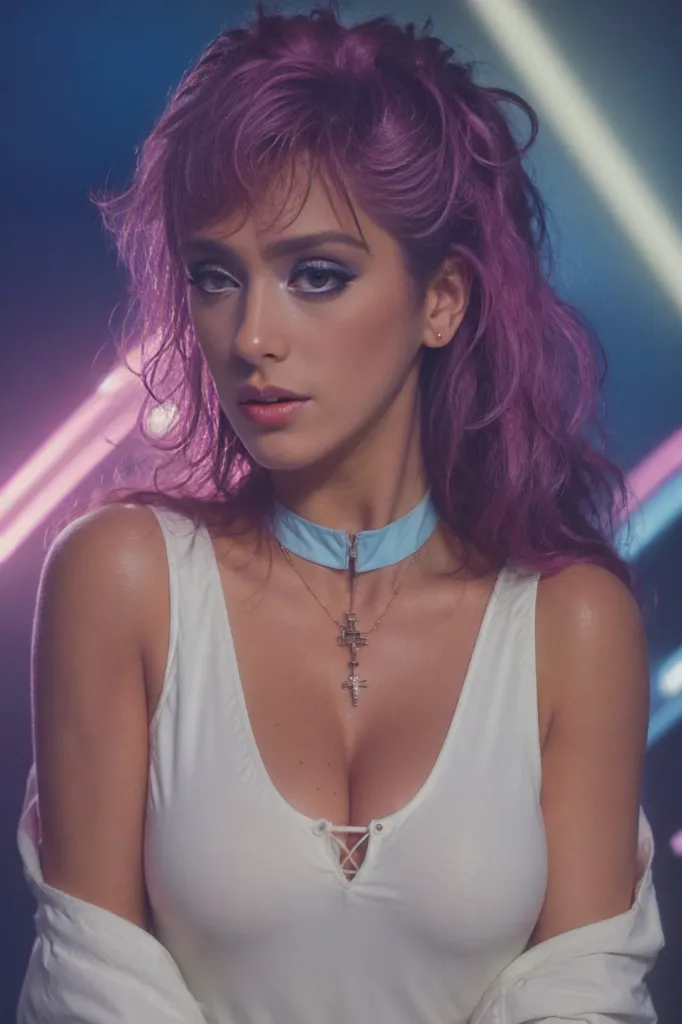 The image shows a young woman with pink hair and blue eyes. She is wearing a white tank top and a blue choker with a cross pendant. She is looking to the right of the frame with a serious expression. There are bright lights in the background, casting a pink and blue glow on her face.