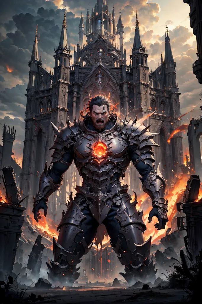 The image is of a tall, muscular man standing in front of a large, gothic cathedral. The man is wearing black armor and has a glowing red orb in his chest. He is surrounded by fire and debris, and the sky is dark and stormy.