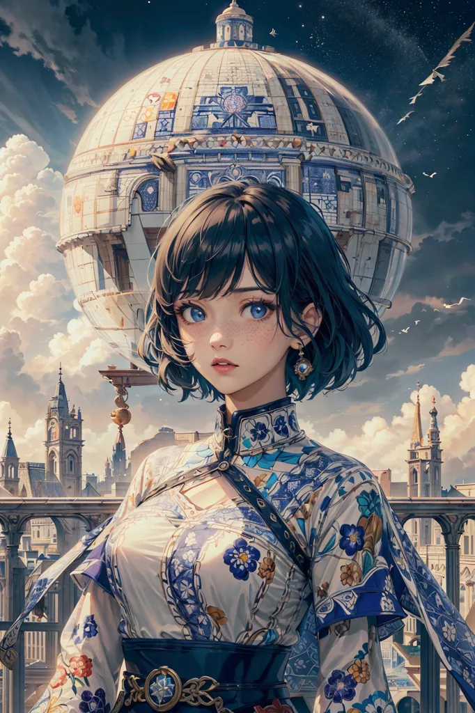 This is an image of an anime girl with short blue hair and blue eyes. She is wearing a white shirt with blue and white floral patterns and a blue skirt. There is a large sphere with blue and white patterns in the background. The girl is standing on a balcony with a cityscape in the background.