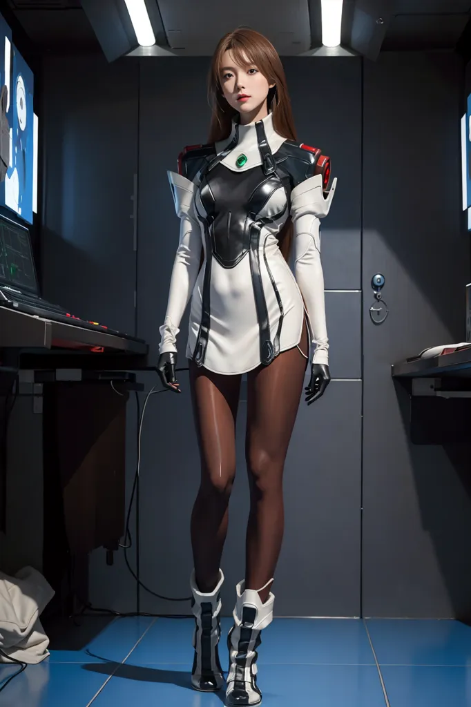 The image shows a woman standing in a futuristic room. She is wearing a white and black bodysuit and boots. The bodysuit has a high collar and a zipper down the front. She is also wearing a pair of black gloves. The room is lit by bright lights, and there are several computers and other electronic equipment in the background.