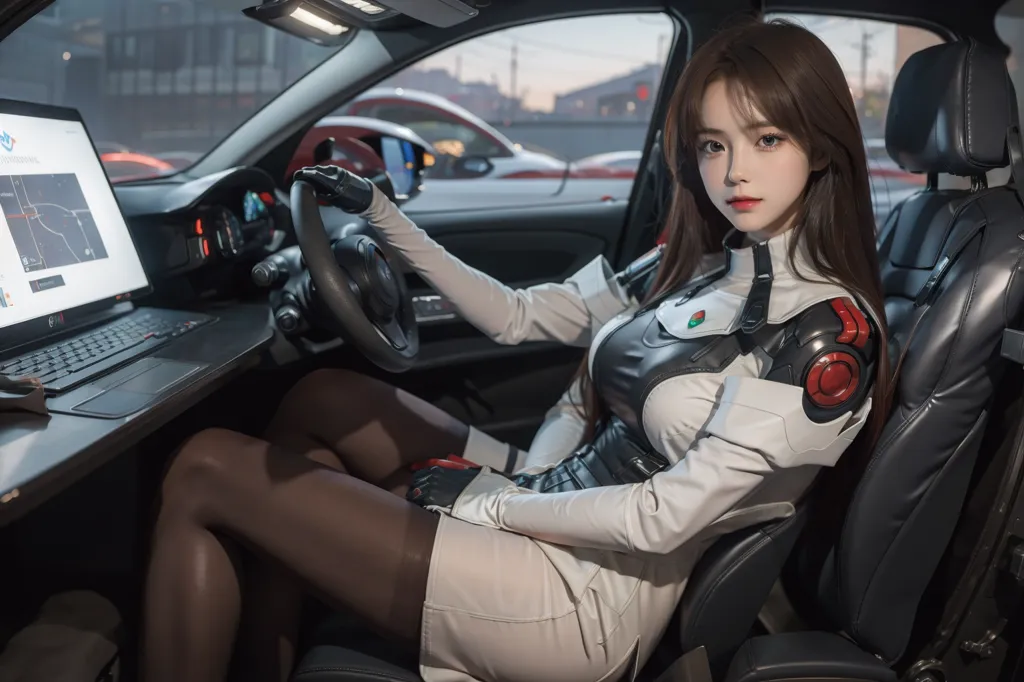 This is an image of a woman sitting in the driver's seat of a car. She is wearing a white and black outfit with a skirt and gloves. She is also wearing a pair of black boots. The woman has long brown hair and green eyes. She is looking at the camera with a serious expression. The car is a black four-door sedan. It has a futuristic design and a large touchscreen display on the dashboard. The woman is sitting in the driver's seat and has her hands on the steering wheel. The car is parked in a city street and there are buildings and other cars in the background.