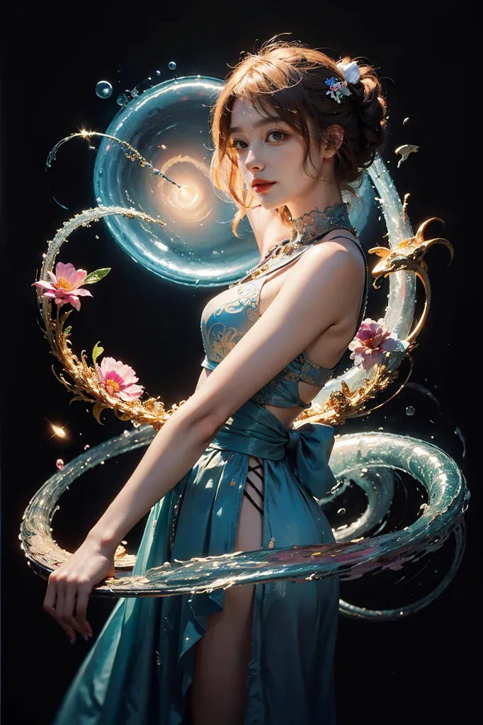 The image is a portrait of a beautiful woman with long brown hair and blue eyes. She is wearing a blue dress with a white sash and a gold necklace. There is a large water bubble on the left side of the image, and she is standing in front of it with her right hand resting on her hip and her left hand extended forward. The water bubble is surrounded by pink and white flowers, and there are also flowers in her hair. The background is black.