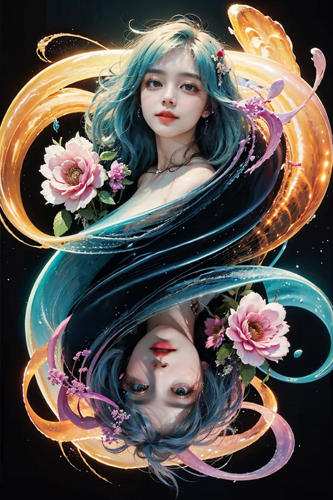 L'image est une représentation d'une femme aux longs cheveux ondulants divisés en deux couleurs, le bleu et le rose. La moitié bleue de ses cheveux est ornée d'une fleur rose, tandis que la moitié rose est ornée d'une fleur bleue. Les yeux de la femme sont fermés et son visage est serein. Elle porte un collier de perles. L'arrière-plan de l'image est sombre et il n'y a pas d'autres objets dans l'image.