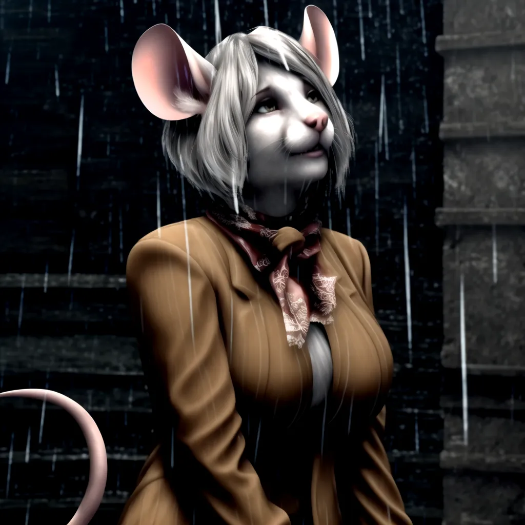 The picture shows a mouse anthropomorphic character. She has light gray fur, large pink ears, and a long tail. She is wearing a tan trench coat and a red scarf with white and black floral designs. The character is standing in a dark alleyway, and it is raining. She is looking up at the sky with a sad expression on her face.